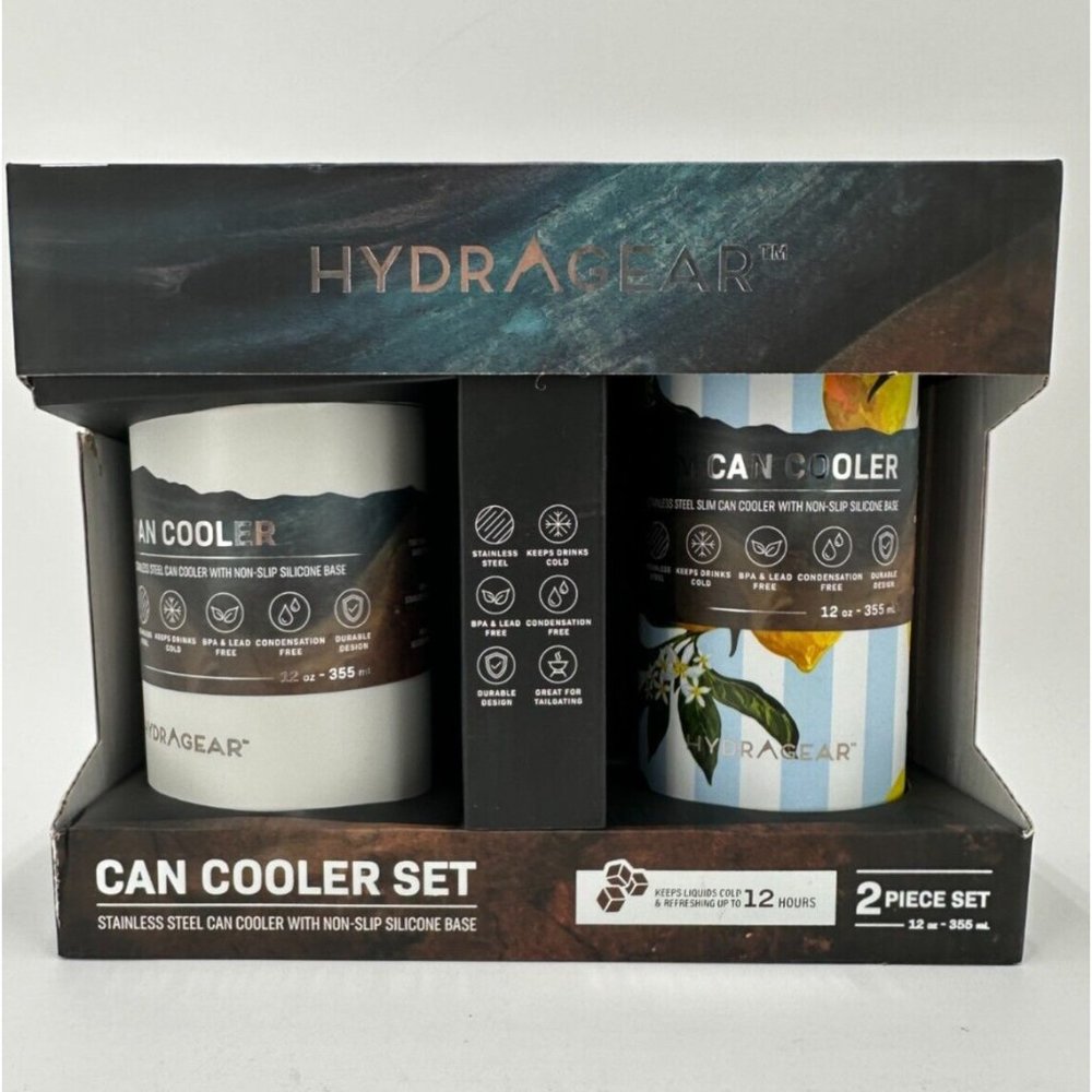 HydraGear Can Cooler Set 12 oz Stainless Steel Non-Slip Silicone Base SLIM & Reg